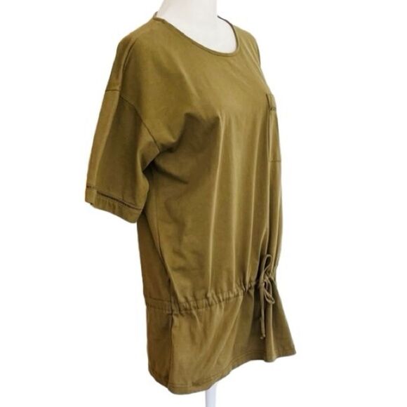 MORGIN olive green drawstring waist top, chest pocket, crochet accents - Picture 7 of 8